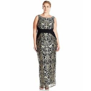 Adrianna Papell Black Gold scroll dress gown 10 20